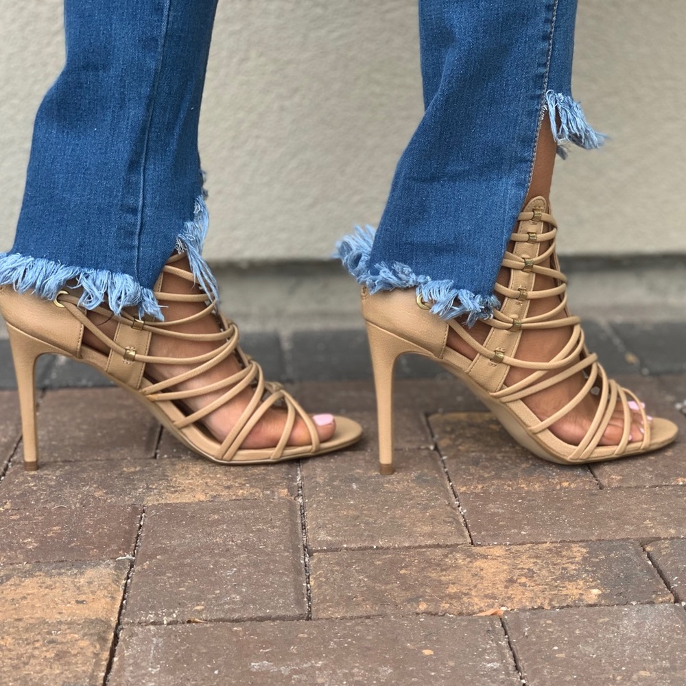 Tan Strappy Caged Studded High Heel Sandals - Picture 4 of 7